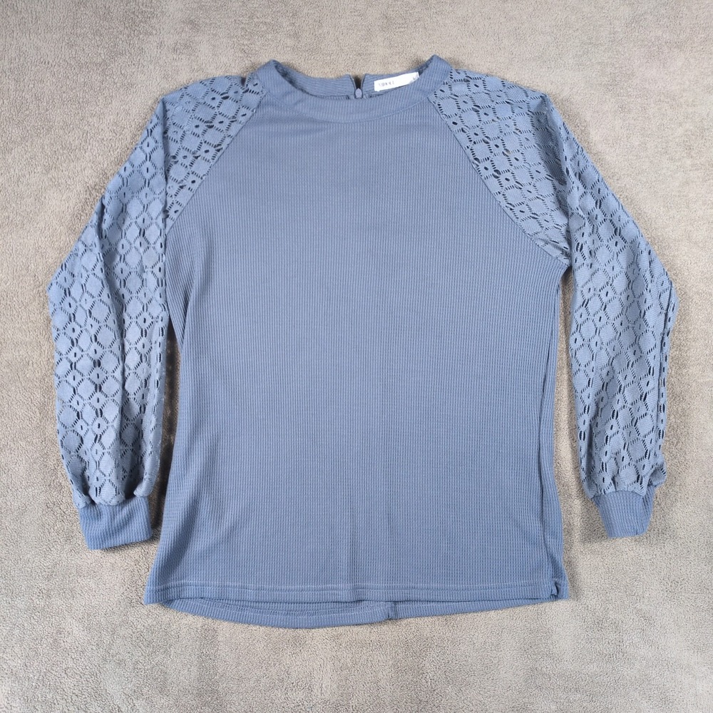 Miholl Blouse Top Womens Large Gray Waffle Knit Lace Detail Puff Sleeve Back Zip